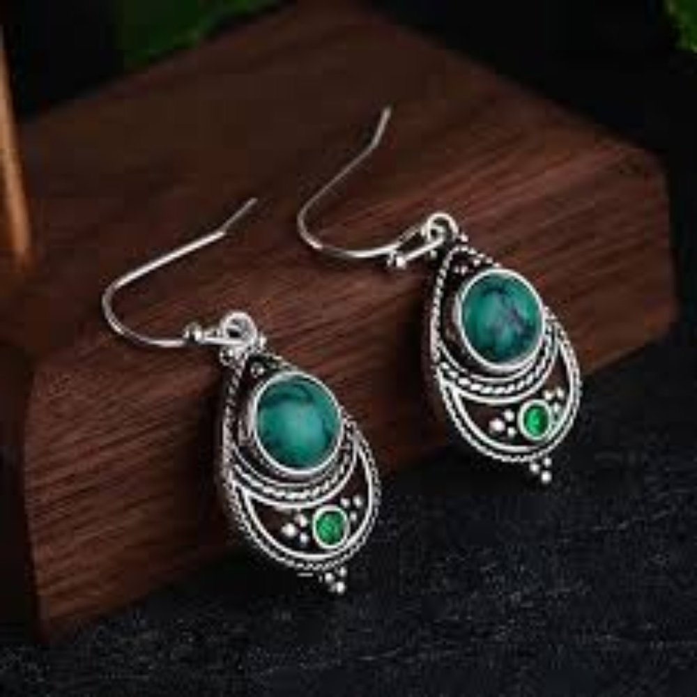 Turquoise & Green Stone Boho Silver  Earrings